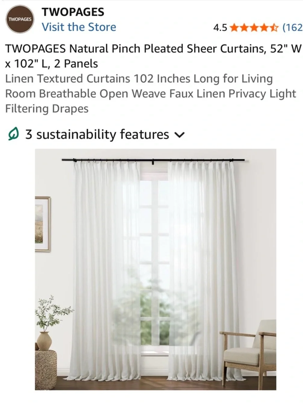 Twopages NEUTRAL Linen Pinch-Pleat Sheer Curtains in “Natural White” 52”x102”